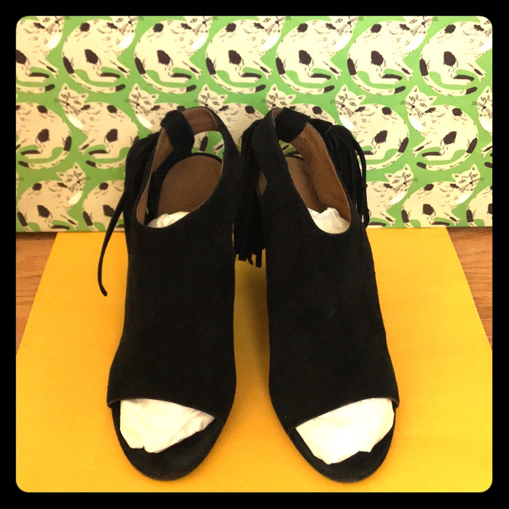 Sexy CHLOE black Fringe Tie Suede Wedge Sandals